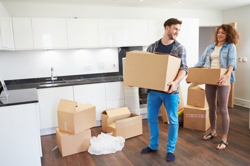 Packed moving boxes and furniture ready for transport in Ireland