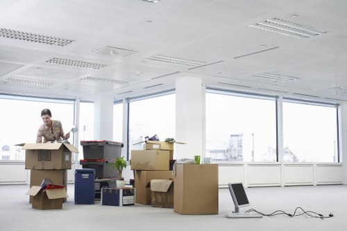 Packed moving boxes and furniture prepared for transport in Ireland